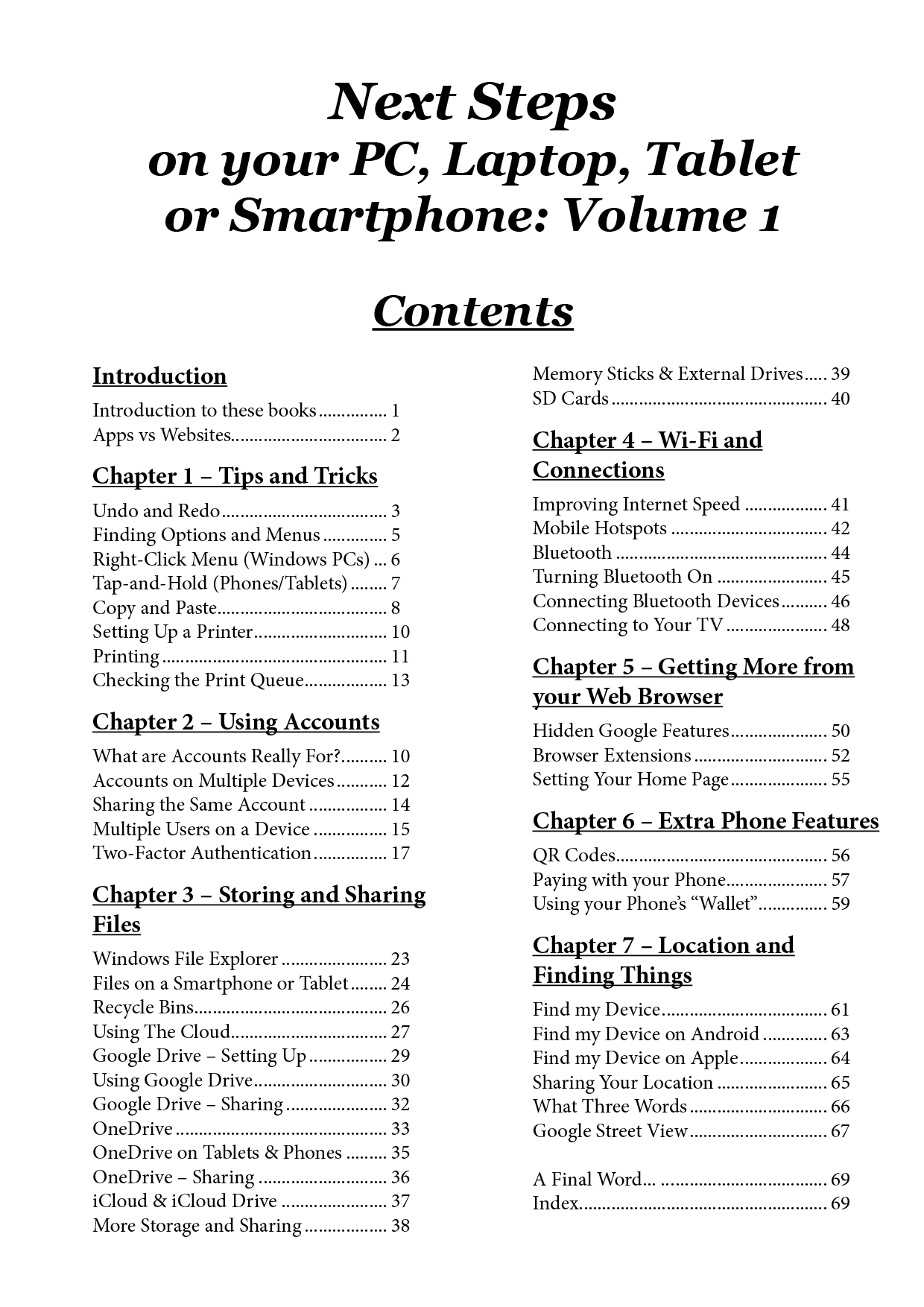 Next Steps on your PC, Laptop or Smartphone vol one contents page.