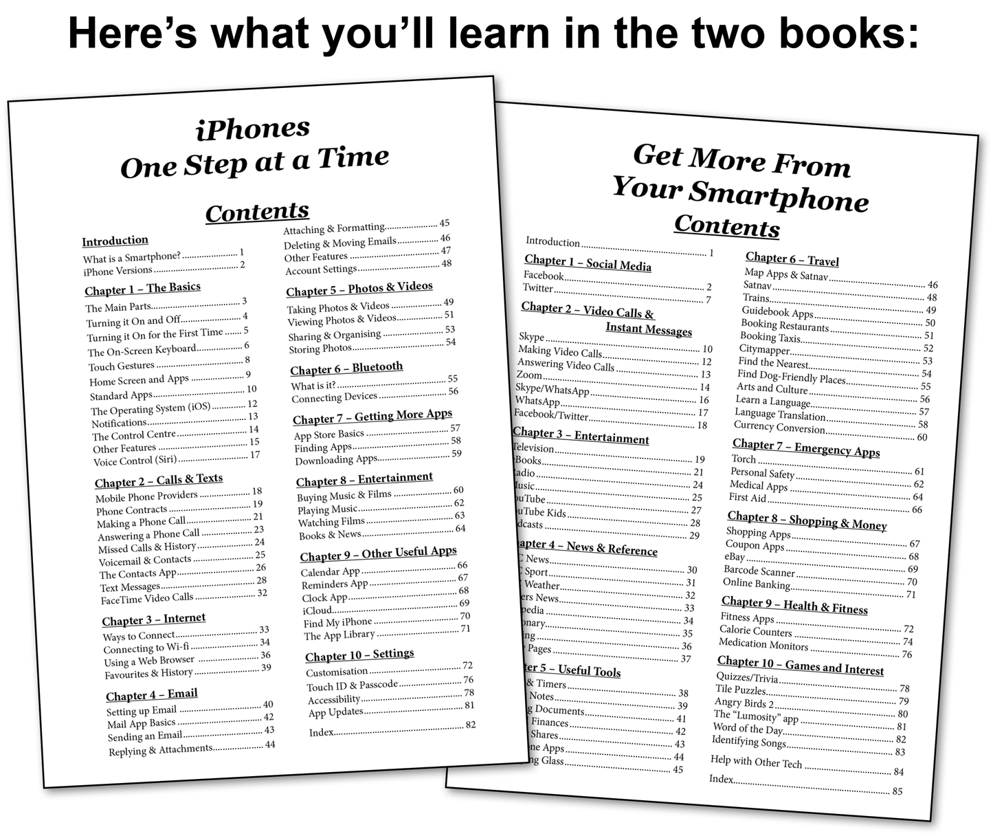 Contents pages from Get more from your smartphone and iPhones One step at a time