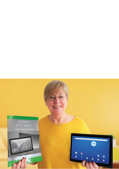 Lady holding the Android Tablet and book