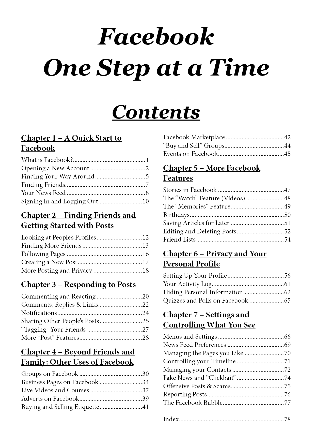 Facebook One Step at a time contents page